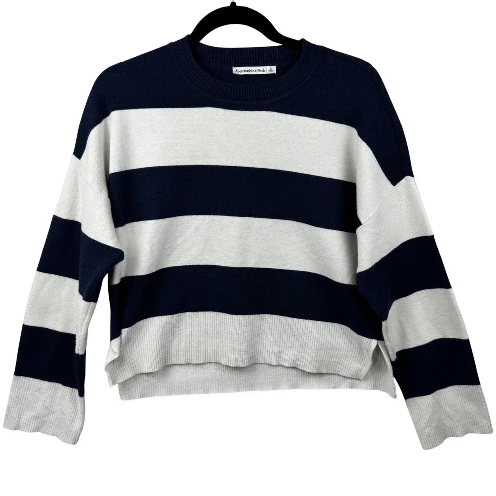 Abercrombie & Fitch Striped Sweater Womens Small Navy White Cropped Nautical - Picture 6 of 13